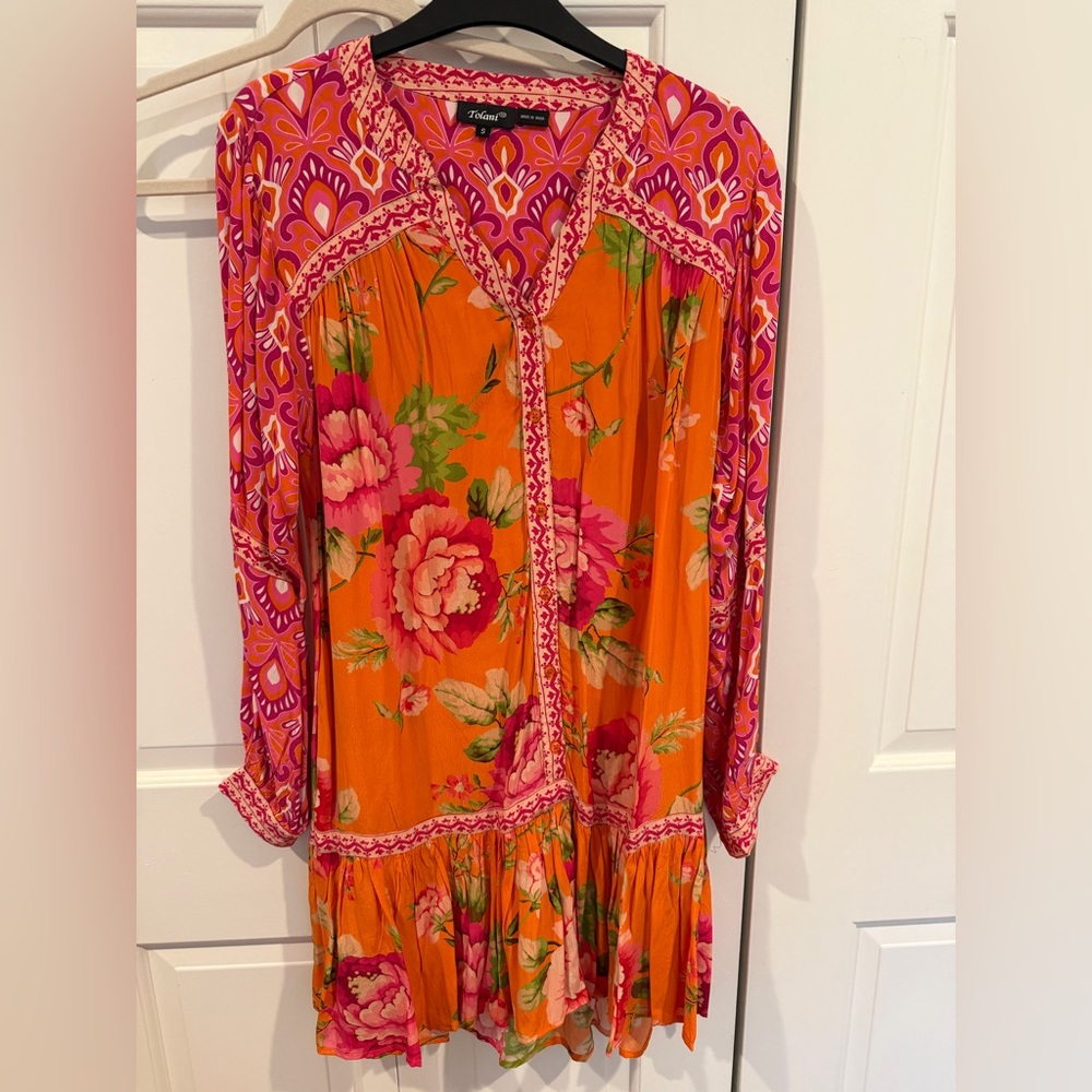TOLANI Orange and Pink Printed Boho Top